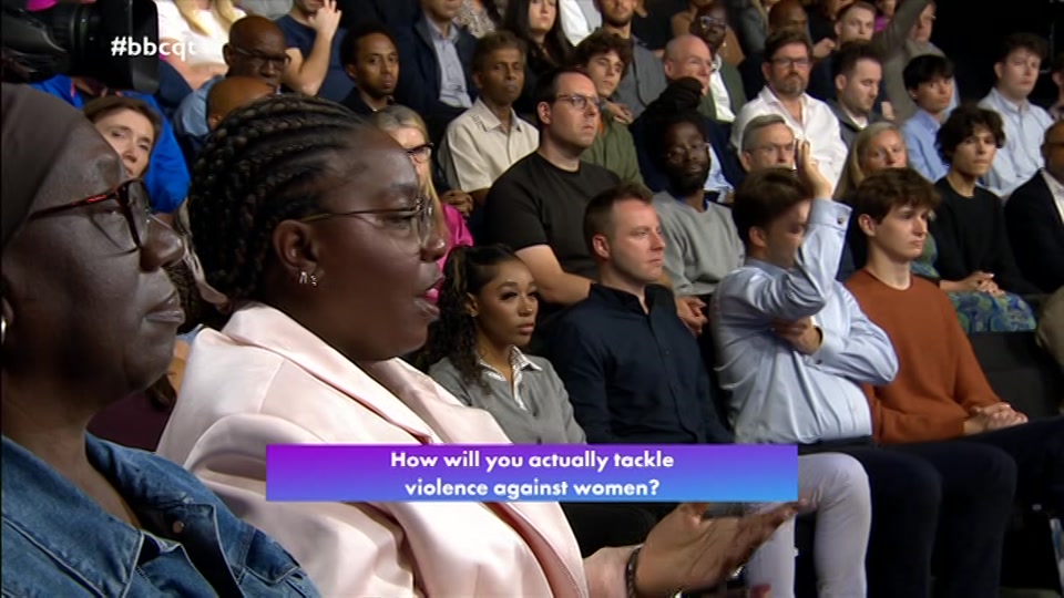 Broadcast still at 43m. BBC One, Question Time, 1 October 2026.