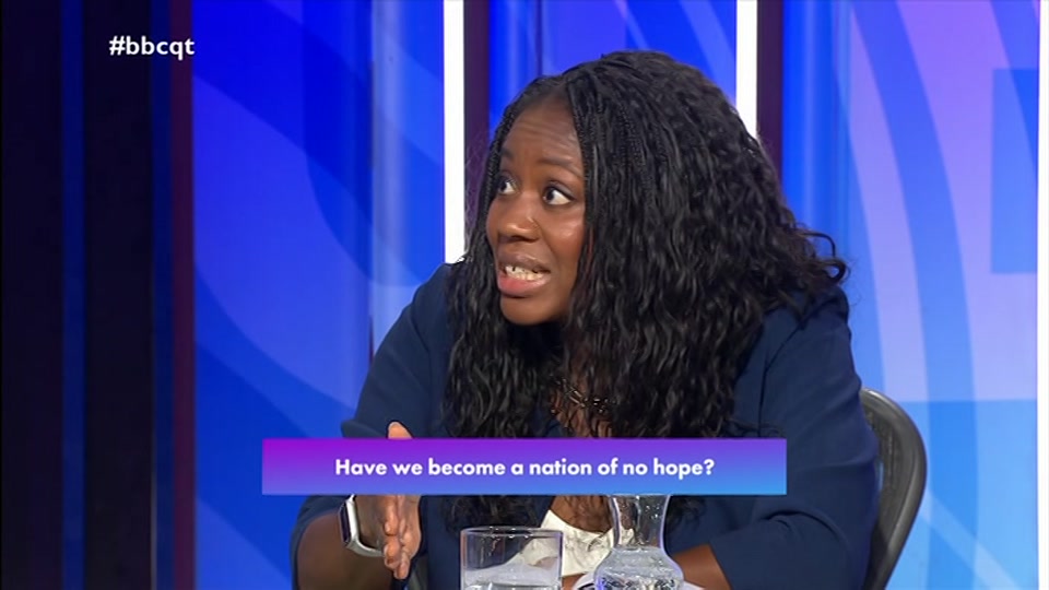 Broadcast still at 55m. BBC One, Question Time, 1 October 2026.