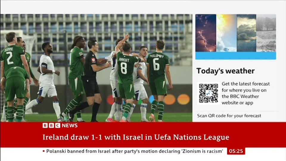 Broadcast still at 25m 30s. BBC News, 5 October 2026.