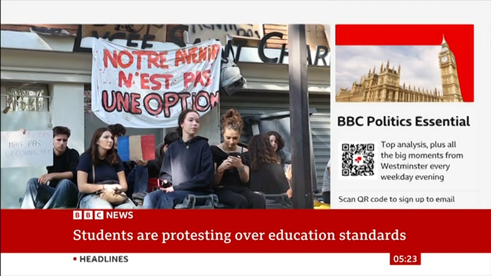 Broadcast still at 23m 30s. BBC News, 6 October 2026.