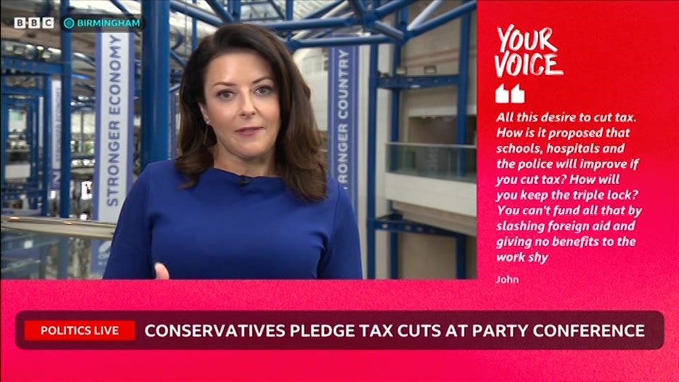 Broadcast still at 10m. BBC Two, Politics Live, 6 October 2026.