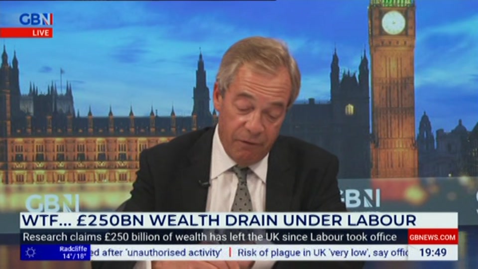 Broadcast still at 49m. GB News, New: Farage, 6 October 2026.