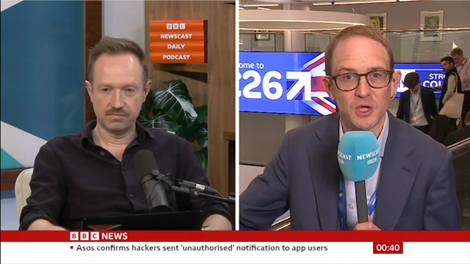 Broadcast still at 10m. BBC News, Newscast, 6 October 2026.