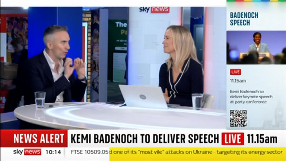 Broadcast still at 14m 30s. Sky News, Sky News Today with Gareth Barlow, 7 October 2026.