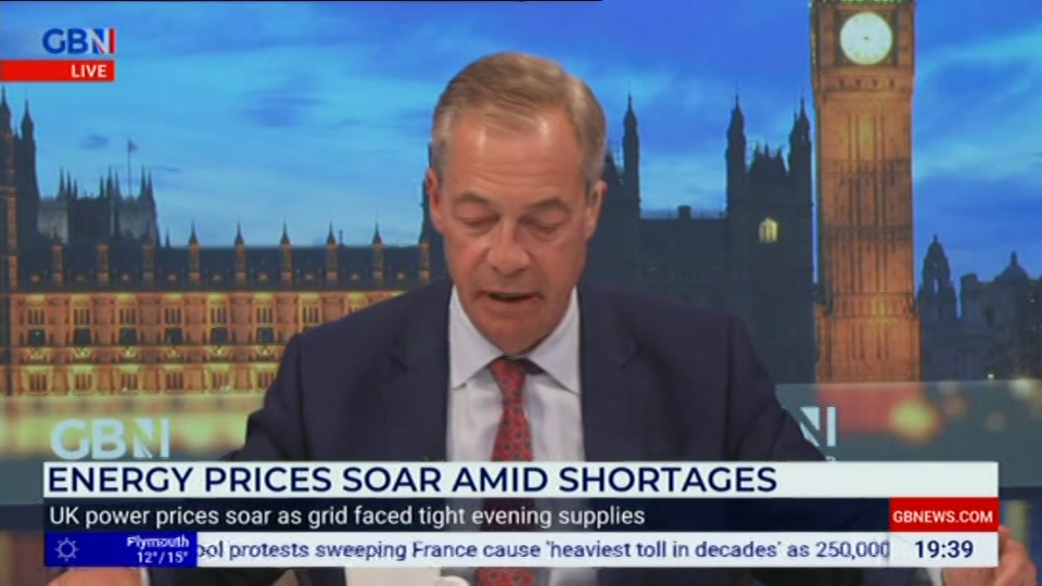 Broadcast still at 39m. GB News, New: Farage, 7 October 2026.