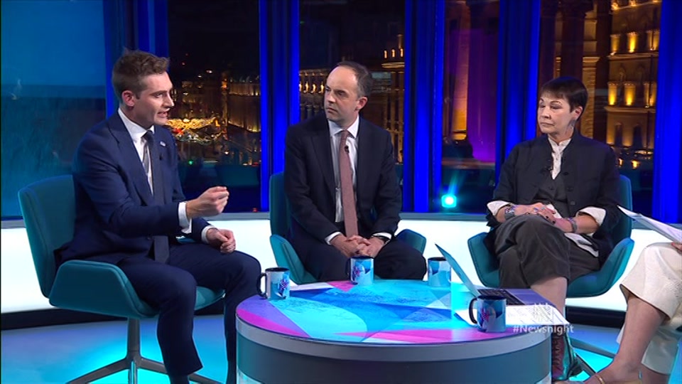 Broadcast still at 9m 30s. BBC Two, Newsnight, followed by Weather, 8 October 2026.