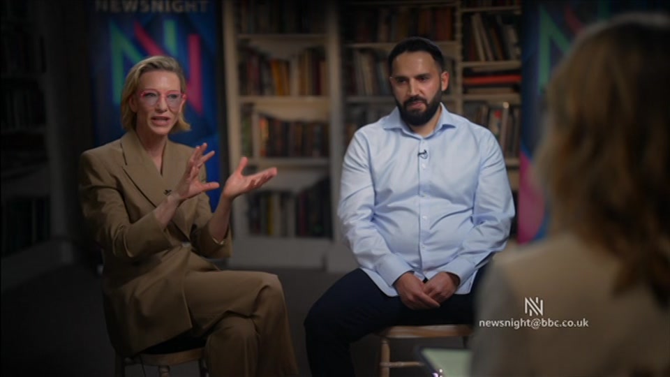 Broadcast still at 23m 30s. BBC Two, Newsnight, followed by Weather, 8 October 2026.