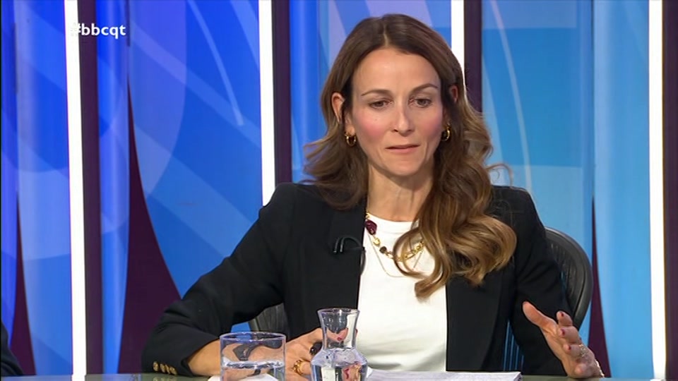Broadcast still at 14m. BBC One, Question Time, 8 October 2026.