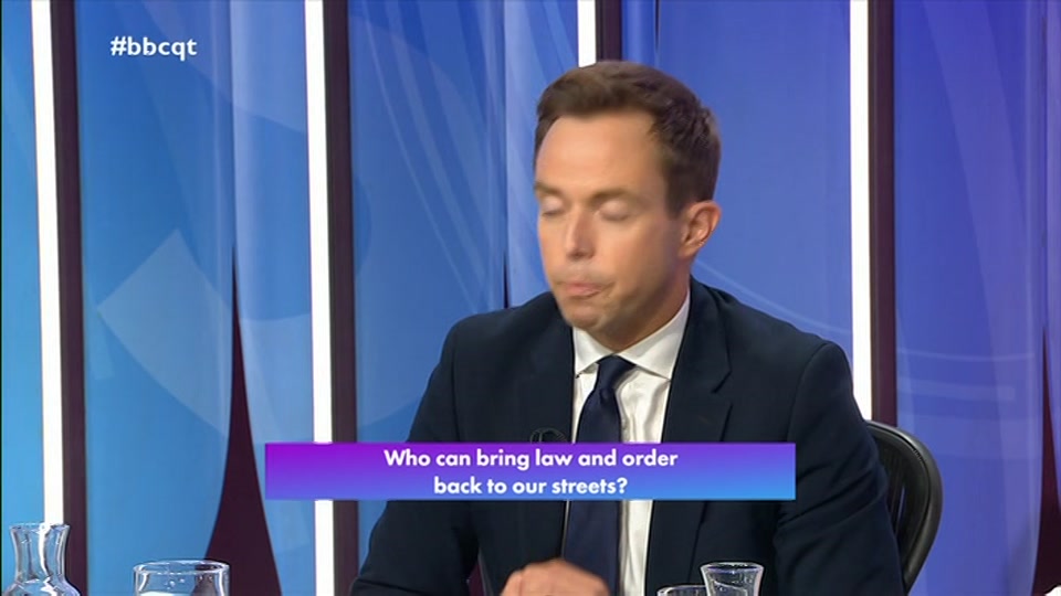 Broadcast still at 33m 30s. BBC One, Question Time, 8 October 2026.