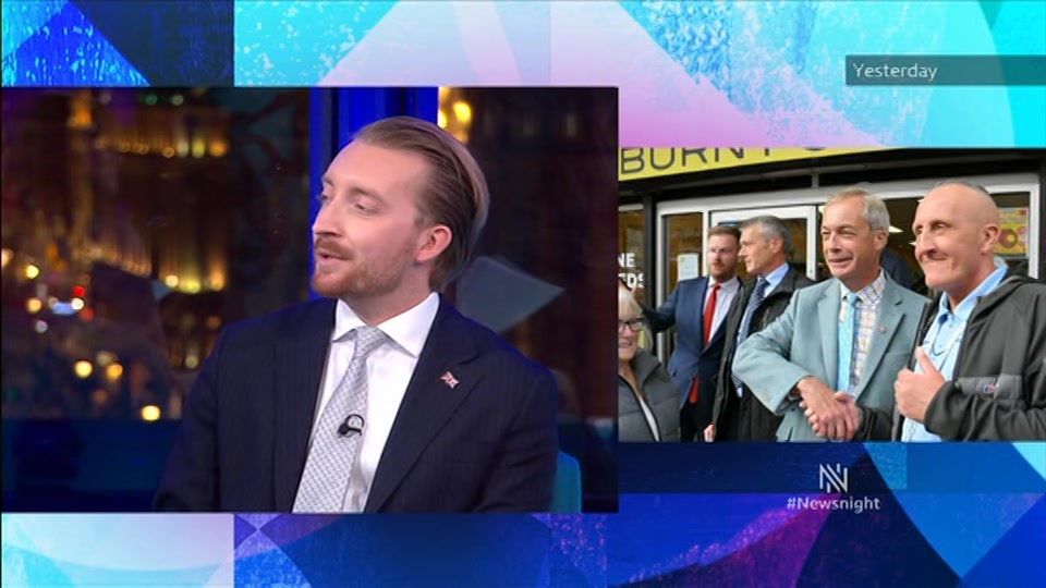Broadcast still at 28m. BBC Two, Newsnight, followed by Weather, 9 October 2026.