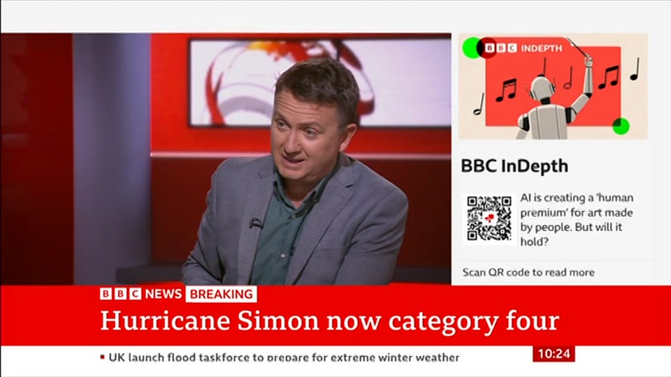 Broadcast still at 24m 30s. BBC News, 11 October 2026.