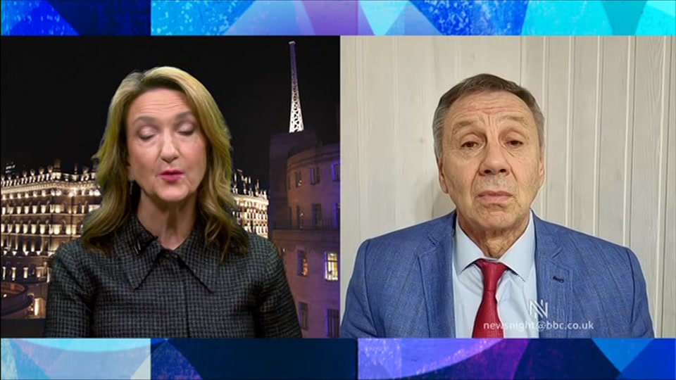 Broadcast still at 6m. BBC Two, Newsnight, followed by Weather, 12 October 2026.