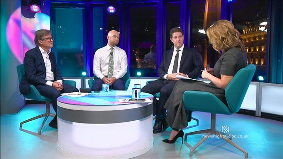 Broadcast still at 19m 30s. BBC Two, Newsnight, followed by Weather, 12 October 2026.