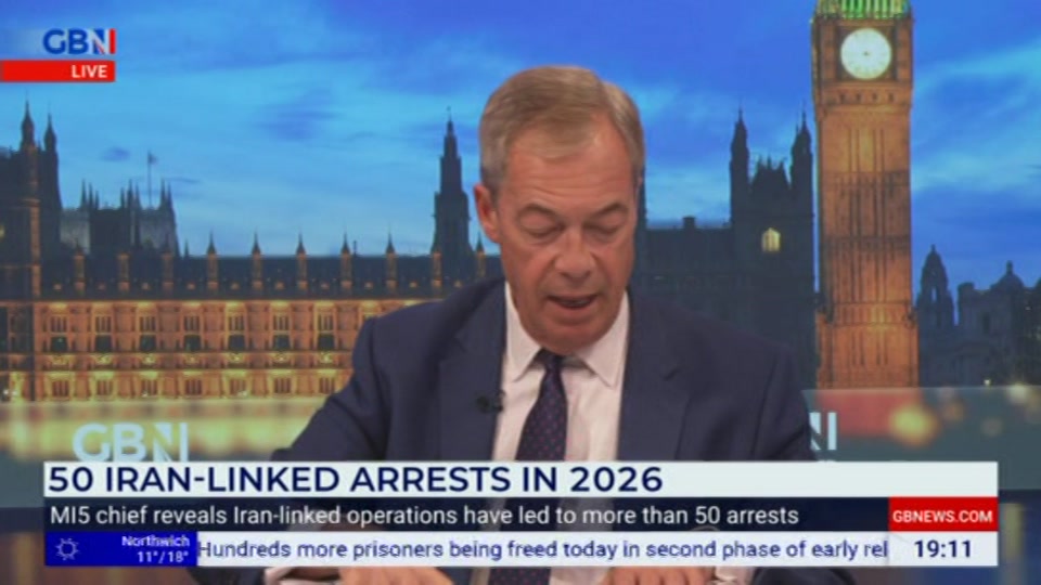 Broadcast still at 11m. GB News, New: Farage, 13 October 2026.