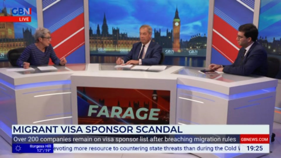 Broadcast still at 25m 30s. GB News, New: Farage, 13 October 2026.