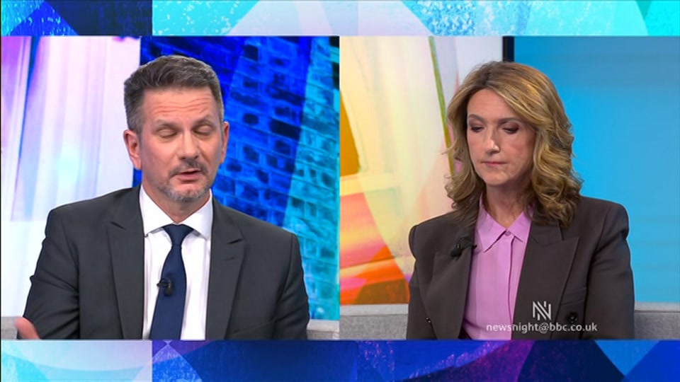 Broadcast still at 22m. BBC Two, Newsnight, followed by Weather, 13 October 2026.
