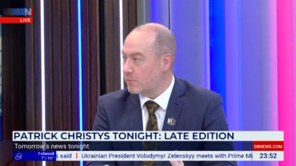 Broadcast still at 52m 30s. GB News, New: Patrick Christys Tonight Late..., 14 October 2026.