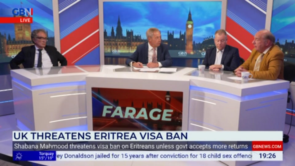 Broadcast still at 26m 30s. GB News, New: Farage, 15 October 2026.