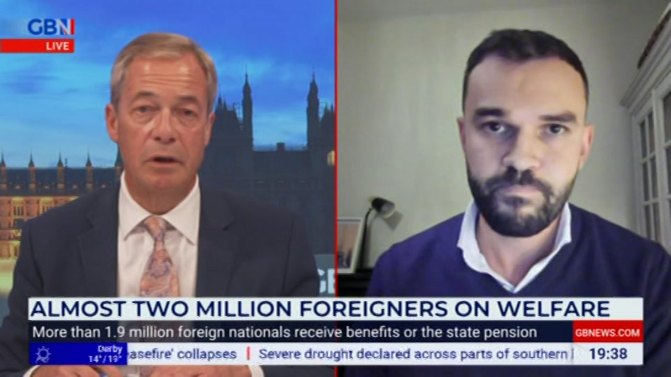 Broadcast still at 38m. GB News, New: Farage, 15 October 2026.