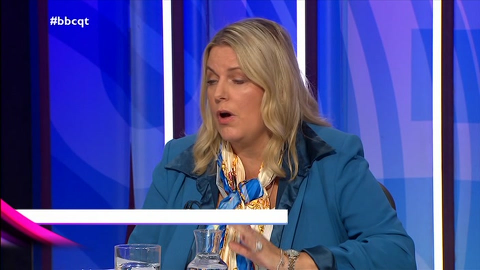 Broadcast still at 47m. BBC One, Question Time, 15 October 2026.