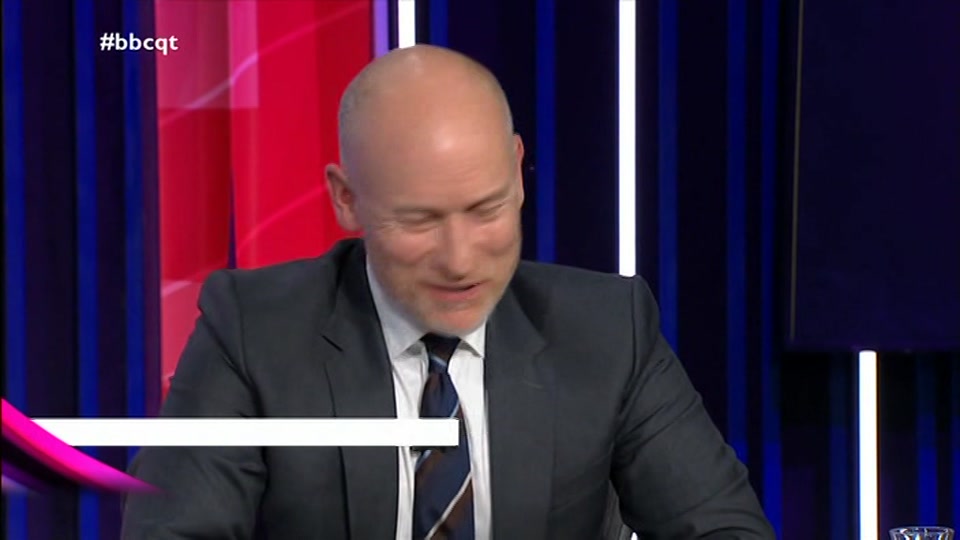 Broadcast still at 57m. BBC One, Question Time, 15 October 2026.