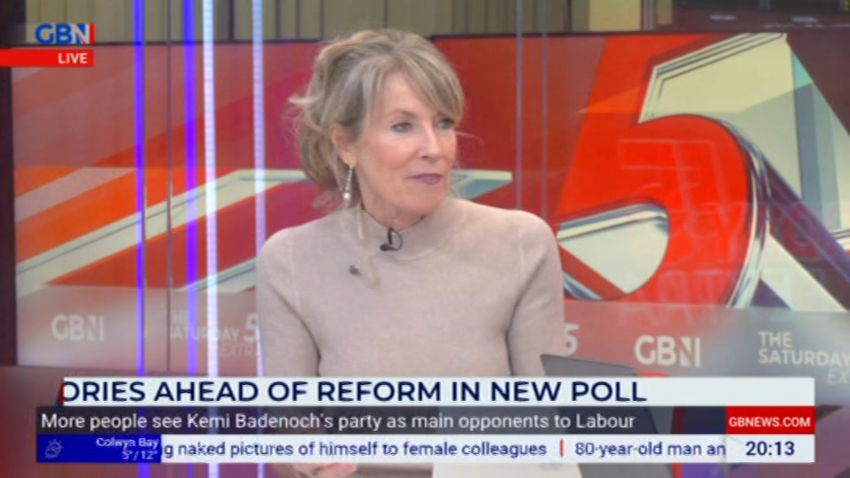 Broadcast still at 13m. GB News, The Saturday Five Extra, 17 October 2026.