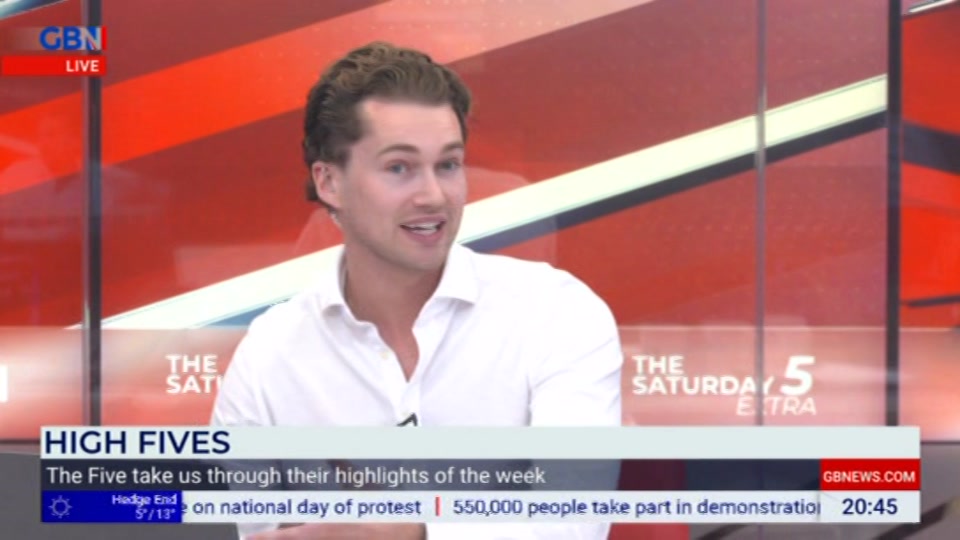 Broadcast still at 45m 30s. GB News, The Saturday Five Extra, 17 October 2026.