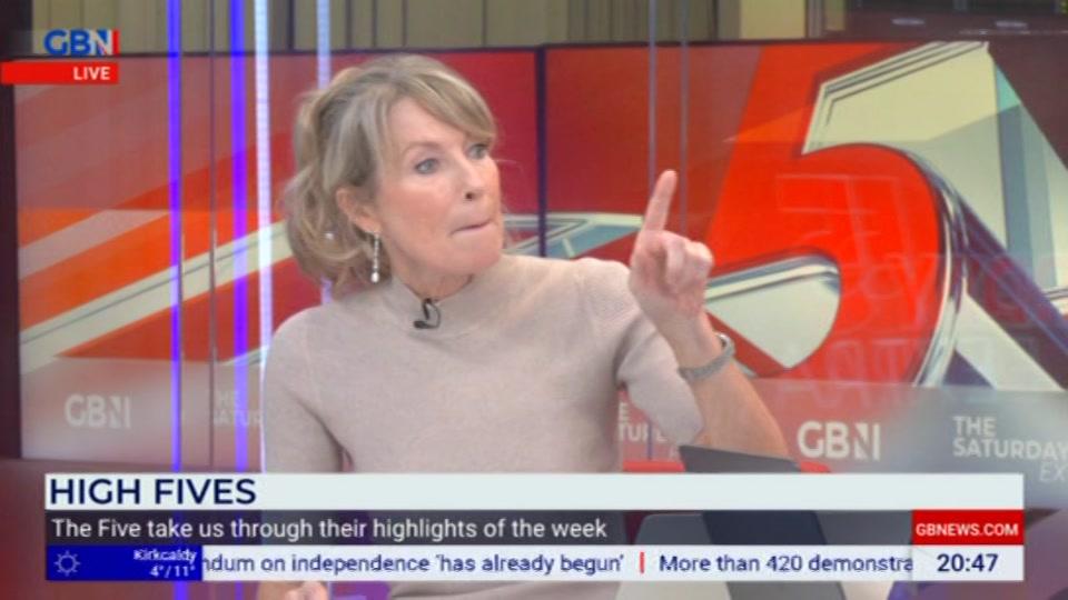 Broadcast still at 47m 30s. GB News, The Saturday Five Extra, 17 October 2026.
