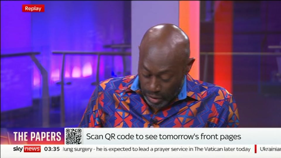 Broadcast still at 35m 30s. Sky News, 18 October 2026.