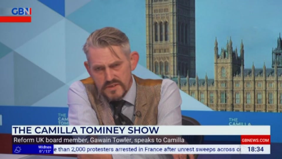 Broadcast still at 34m. GB News, The Camilla Tominey Show, 18 October 2026.