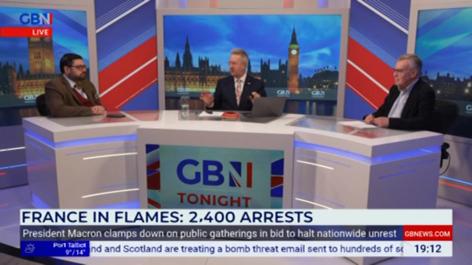 Broadcast still at 12m 30s. GB News, Farage, 19 October 2026.