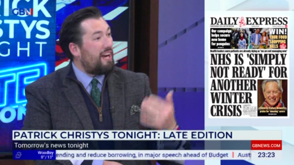 Broadcast still at 23m. GB News, Patrick Christys Tonight Late, 19 October 2026.