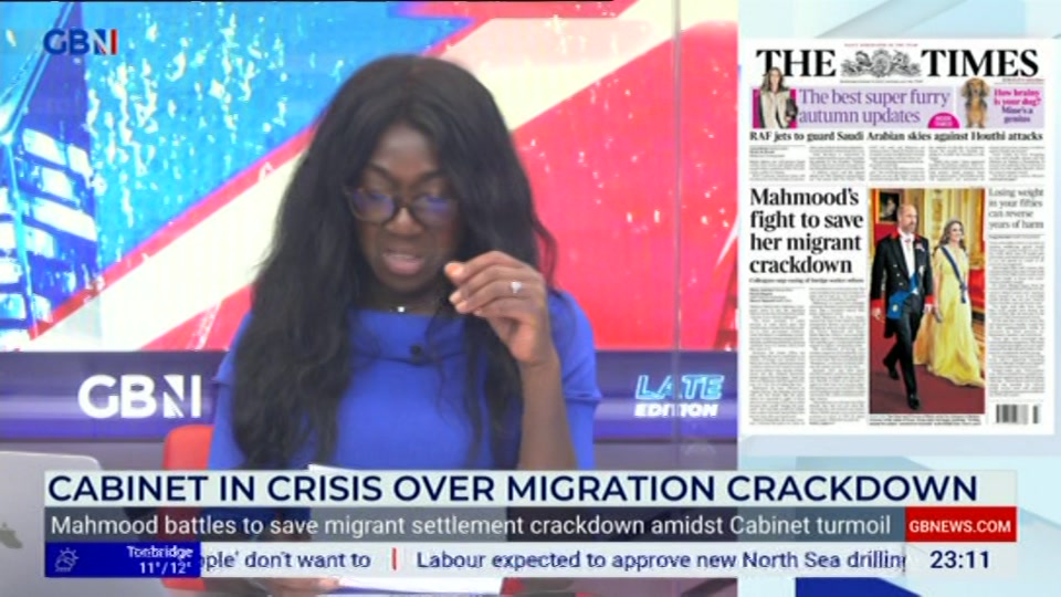 Broadcast still at 11m 30s. GB News, Patrick Christys Tonight Late, 20 October 2026.