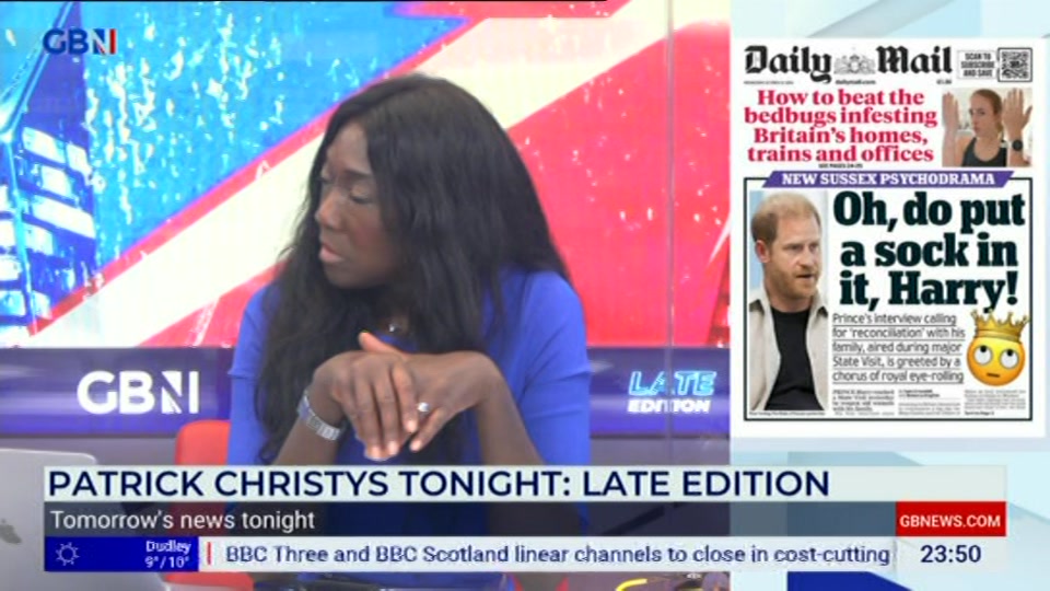 Broadcast still at 50m 30s. GB News, Patrick Christys Tonight Late, 20 October 2026.