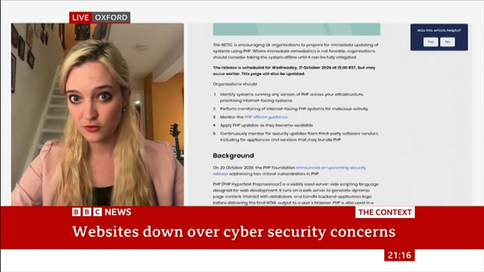 Broadcast still at 16m 30s. BBC News, The Context, 21 October 2026.
