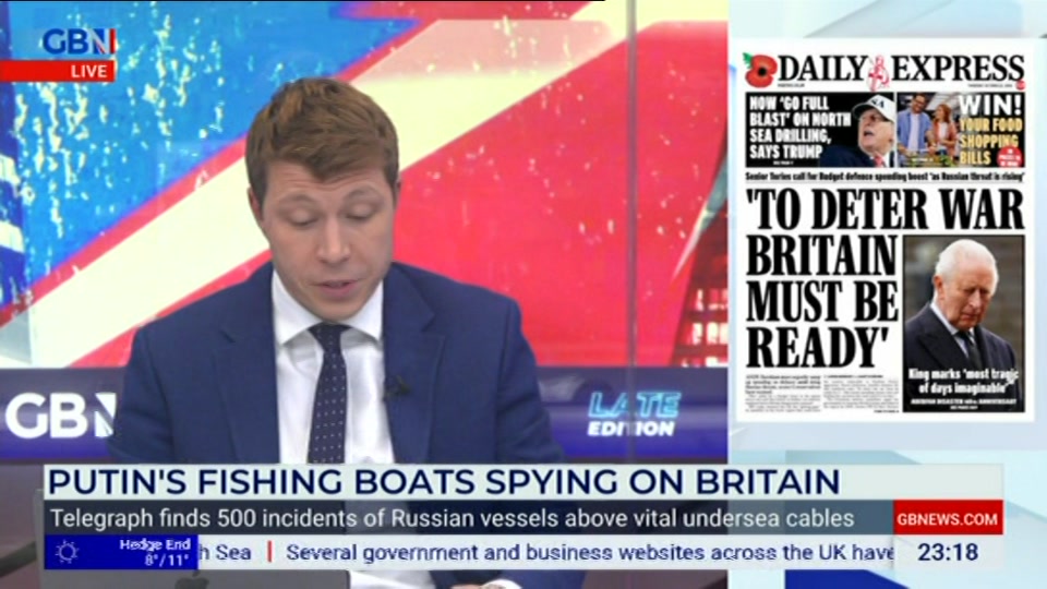 Broadcast still at 18m 30s. GB News, Patrick Christys Tonight Late, 21 October 2026.