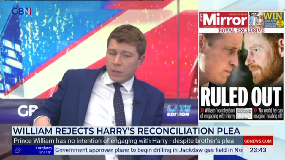 Broadcast still at 43m. GB News, Patrick Christys Tonight Late, 21 October 2026.