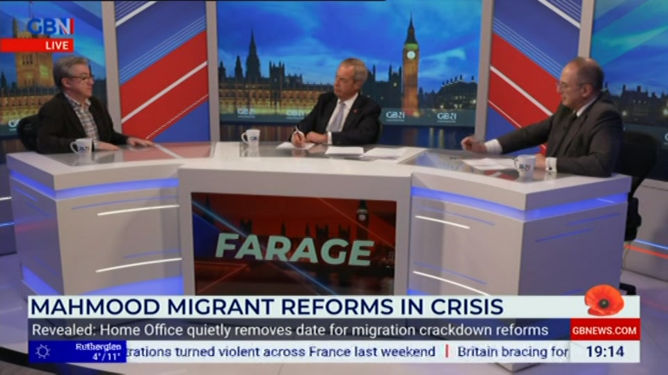 Broadcast still at 14m. GB News, Farage, 22 October 2026.
