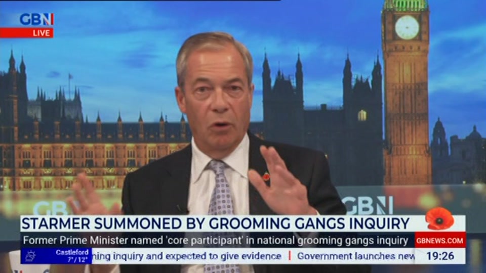 Broadcast still at 26m 30s. GB News, Farage, 22 October 2026.