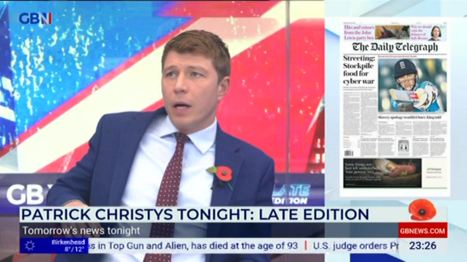 Broadcast still at 26m 30s. GB News, Patrick Christys Tonight Late, 22 October 2026.
