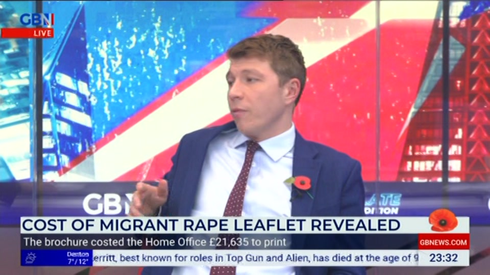 Broadcast still at 32m. GB News, Patrick Christys Tonight Late, 22 October 2026.