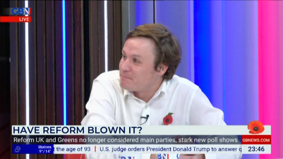 Broadcast still at 46m. GB News, Patrick Christys Tonight Late, 22 October 2026.