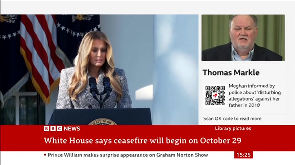 Broadcast still at 25m. BBC News, Verified Live, 23 October 2026.