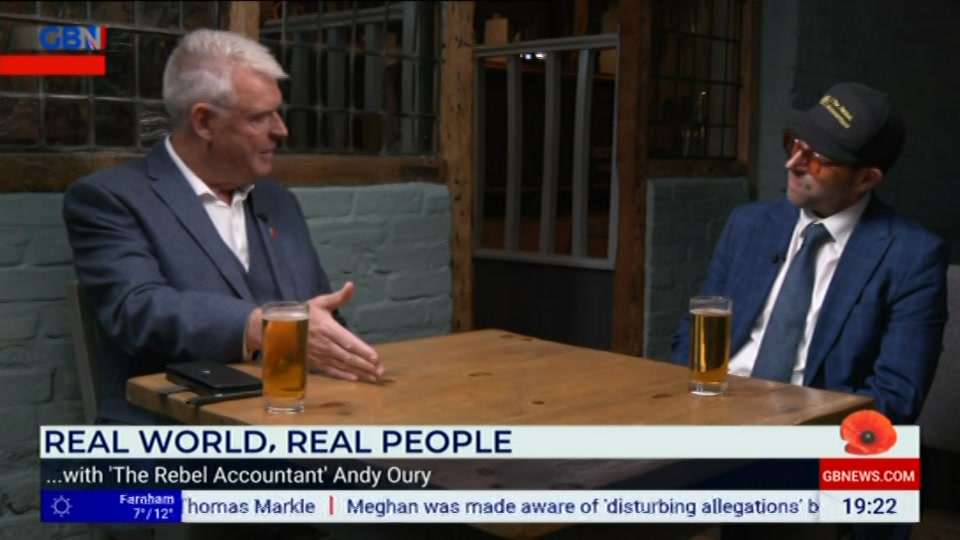 Broadcast still at 22m. GB News, Lee Anderson's Real World, 23 October 2026.