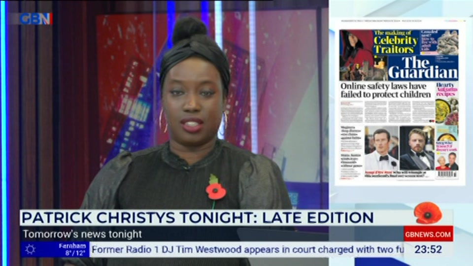 Broadcast still at 52m. GB News, Patrick Christys Tonight Late, 23 October 2026.