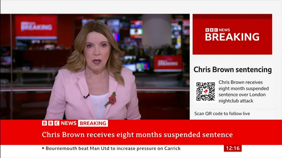 Broadcast still at 16m 30s. BBC News, BBC News Now, 26 October 2026.