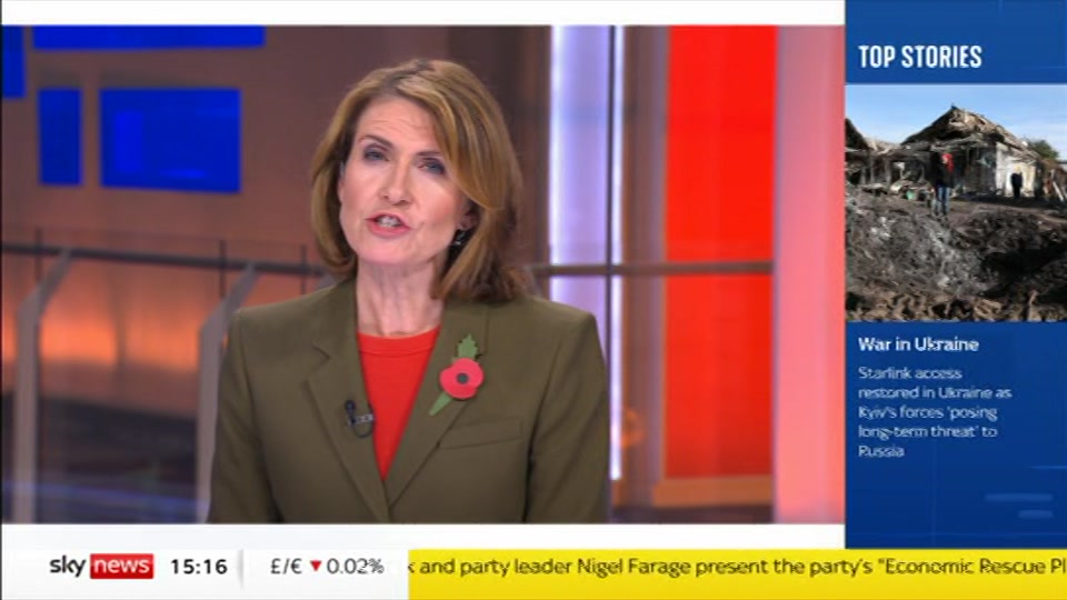 Broadcast still at 16m. Sky News, Sky News Today with Jayne Secker, 26 October 2026.