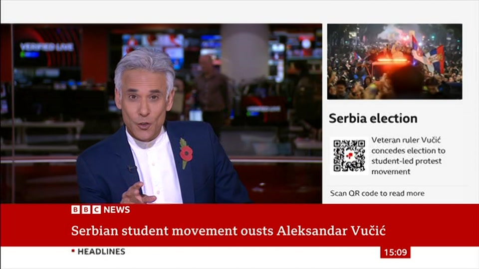 Broadcast still at 9m. BBC News, Verified Live, 26 October 2026.