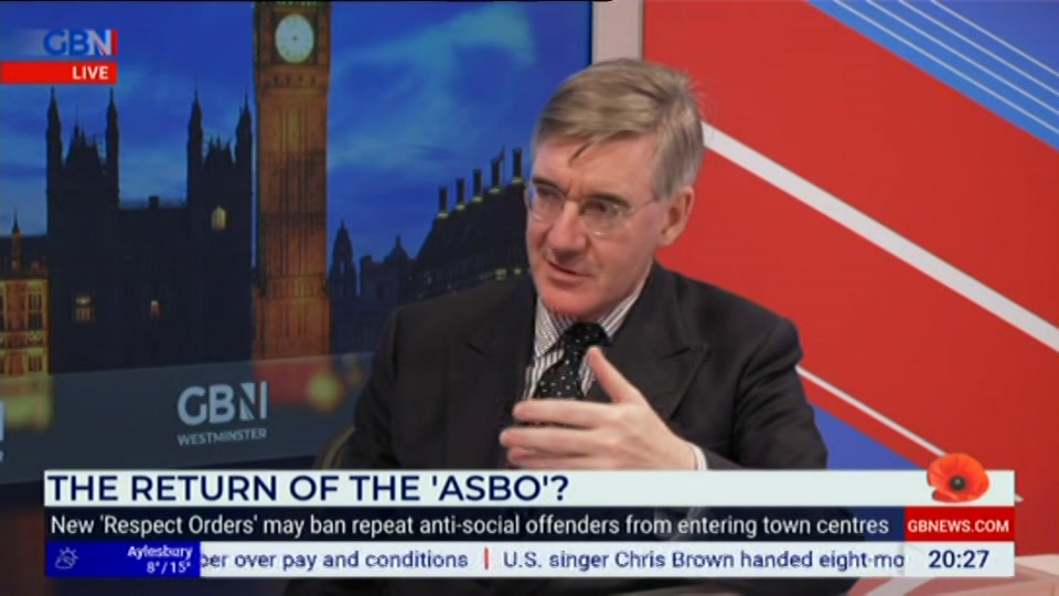 Broadcast still at 27m 30s. GB News, Jacob Rees-Mogg's State Of The, 26 October 2026.