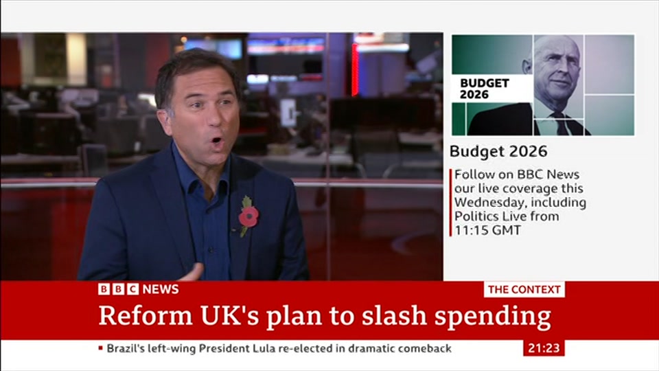 Broadcast still at 23m 30s. BBC News, The Context, 26 October 2026.